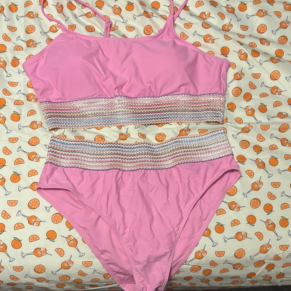 Pink Two-Piece Swimsuit with Multicolor Crochet Trim